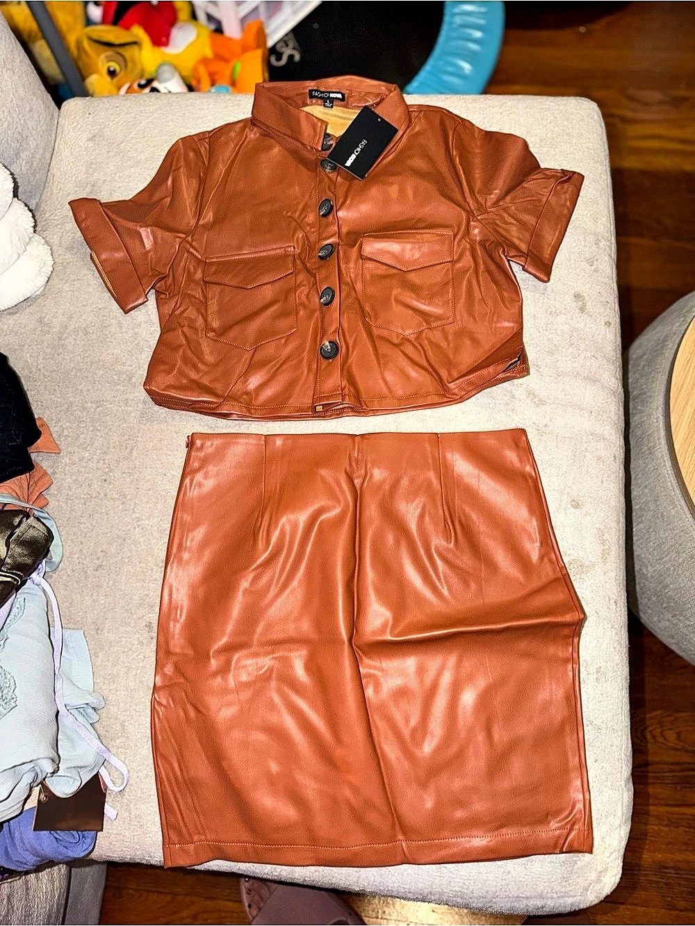 Fashion Nova Faux Leather Skirt Set Orange Large NWT